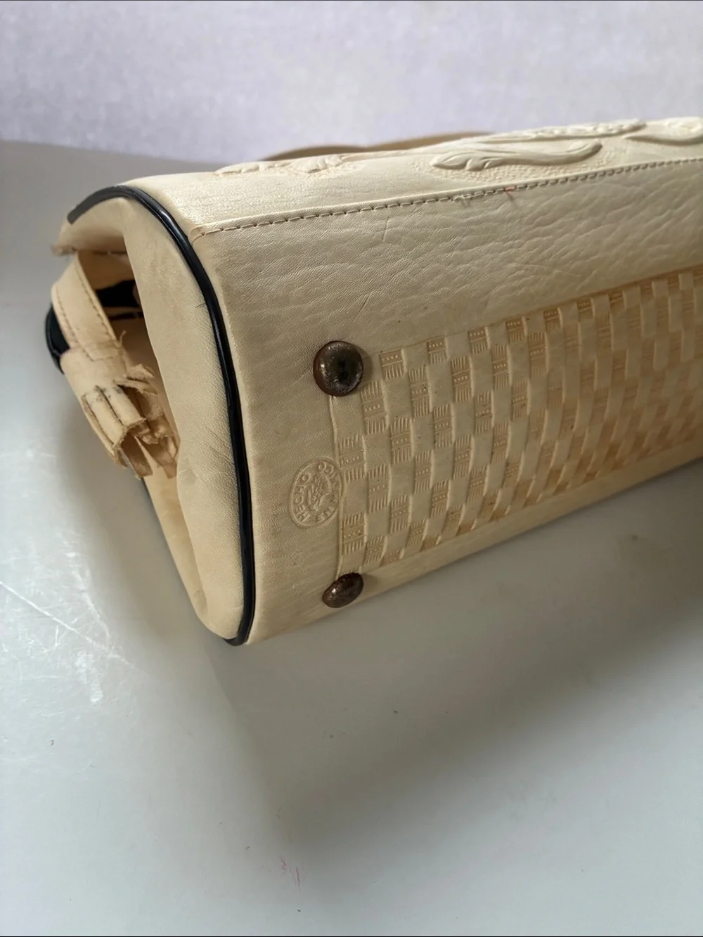 Vintage Mexican Hand Tooled Leather Hide  and Cow Hair 1970s Bag